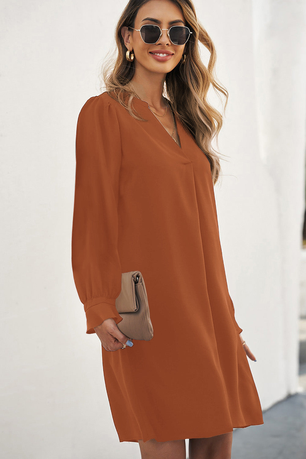 Green Split V Neck Ruffled Sleeves Shirt Dress