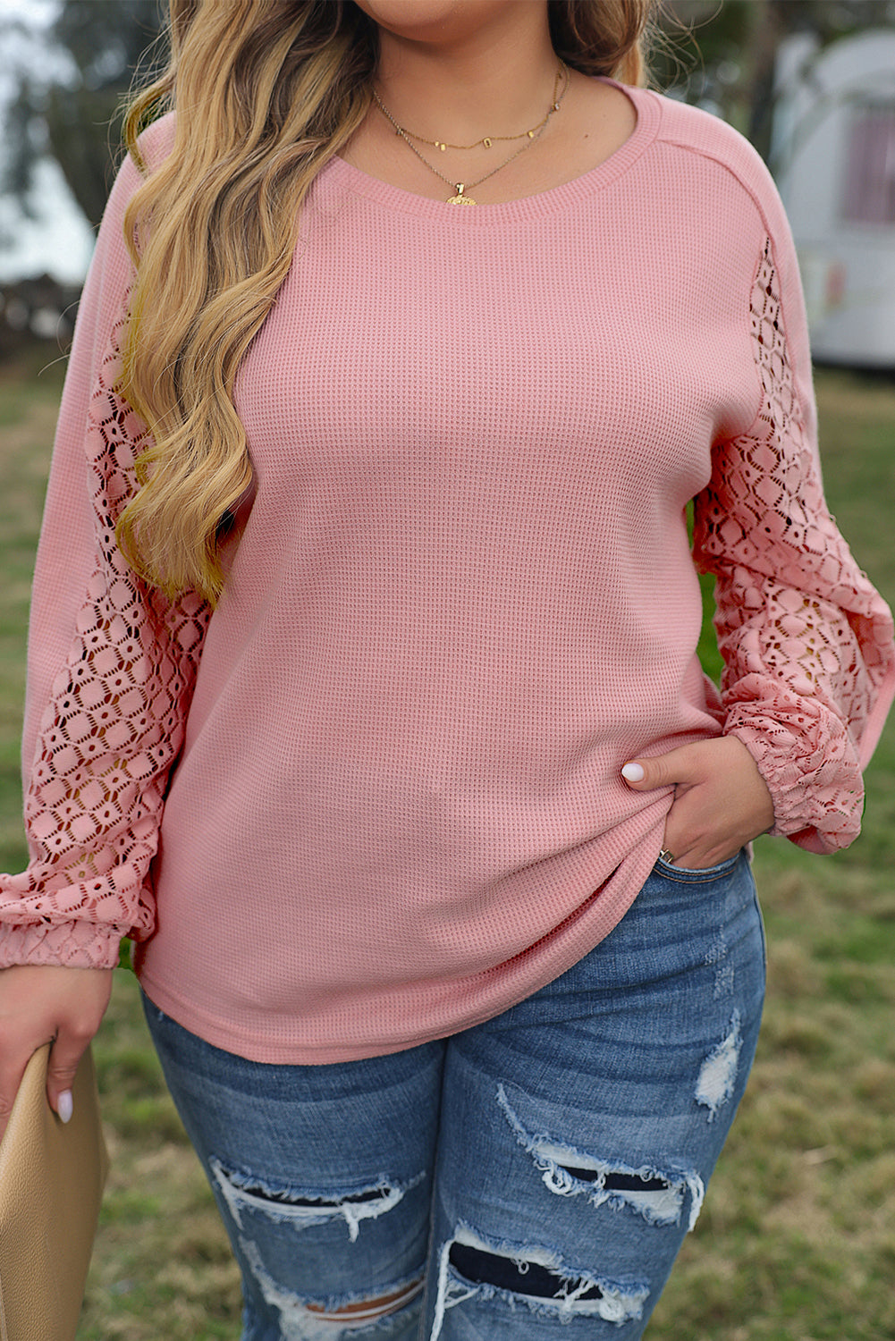 Apricot Pink Plus Size Contrast Lace Sleeve Textured Knit Top