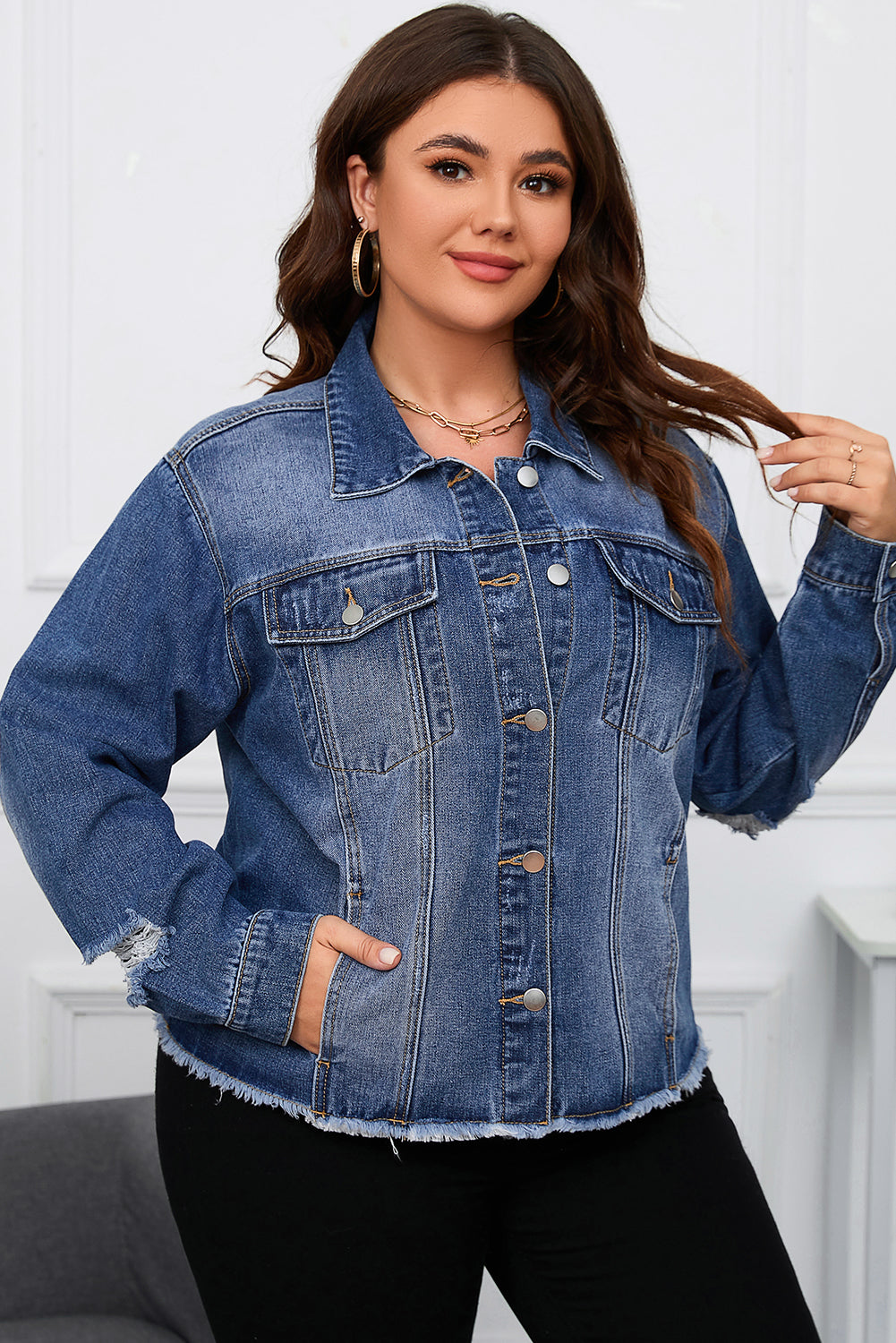 Dark Blue Plus Size Distressed Flap Pocket Denim Jacket