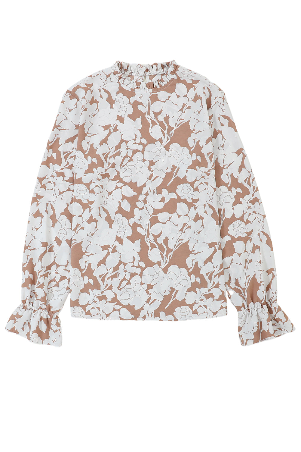 White Floral Print Frilled Neckline Flounce Sleeve Blouse