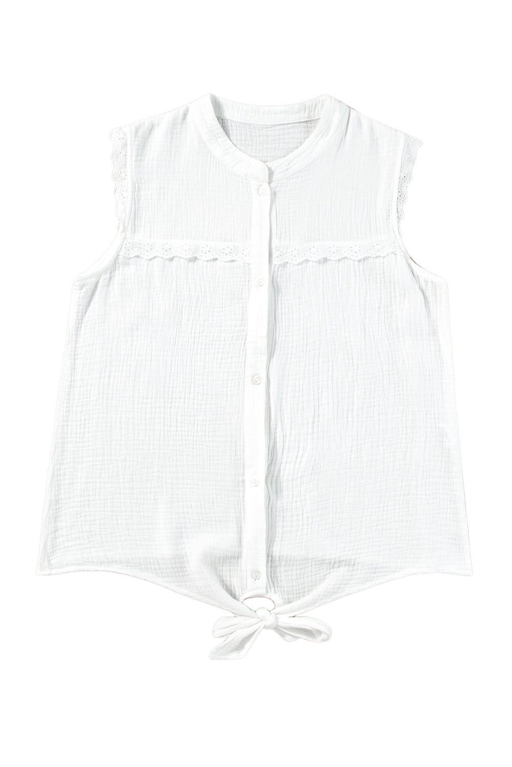 White Lace Trim Crinkle Knot Hem Sleeveless Shirt