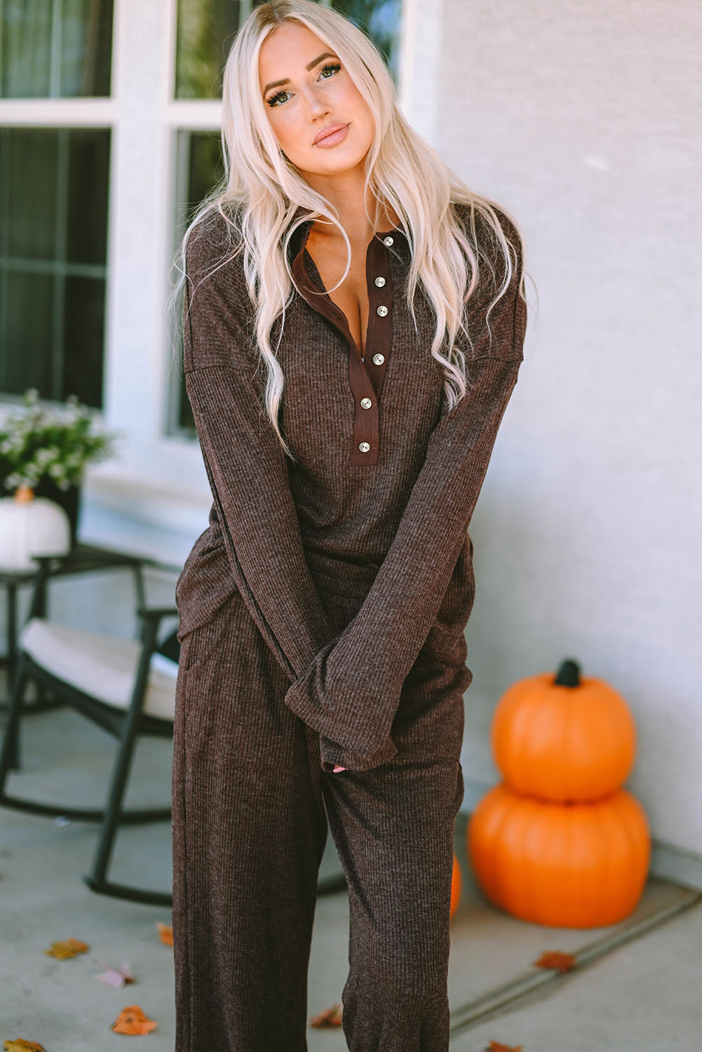 Green Ribbed Knit Collared Henley Top and Pants Lounge Outfit