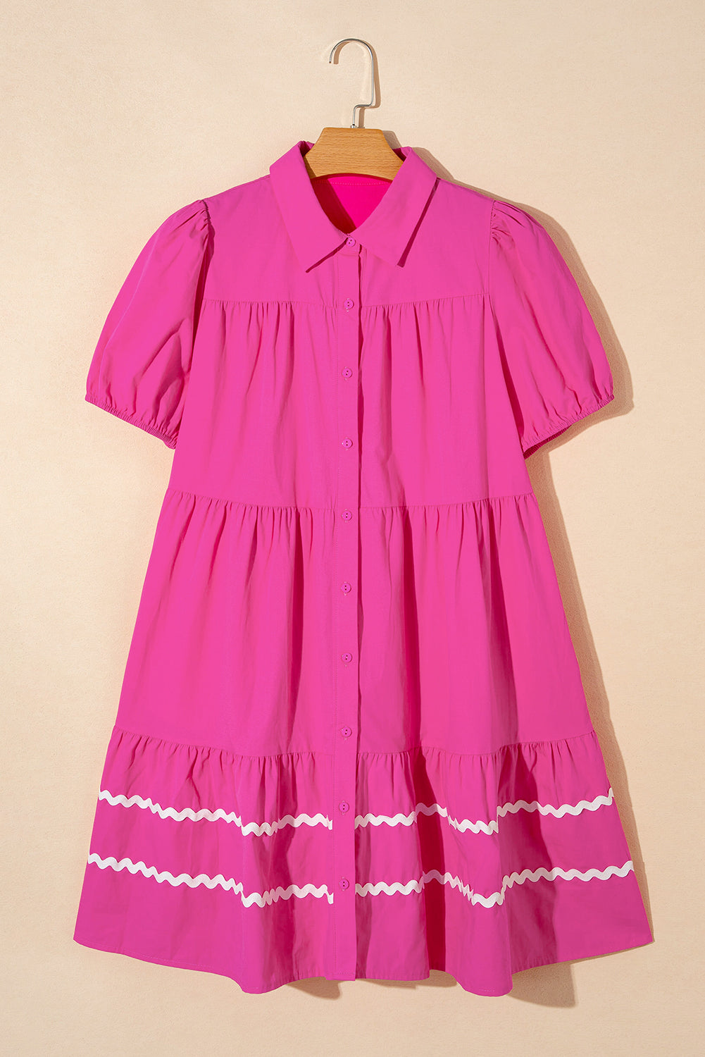 Rose Red Puff Sleeve Contrast Ric-rac Shirt Dress