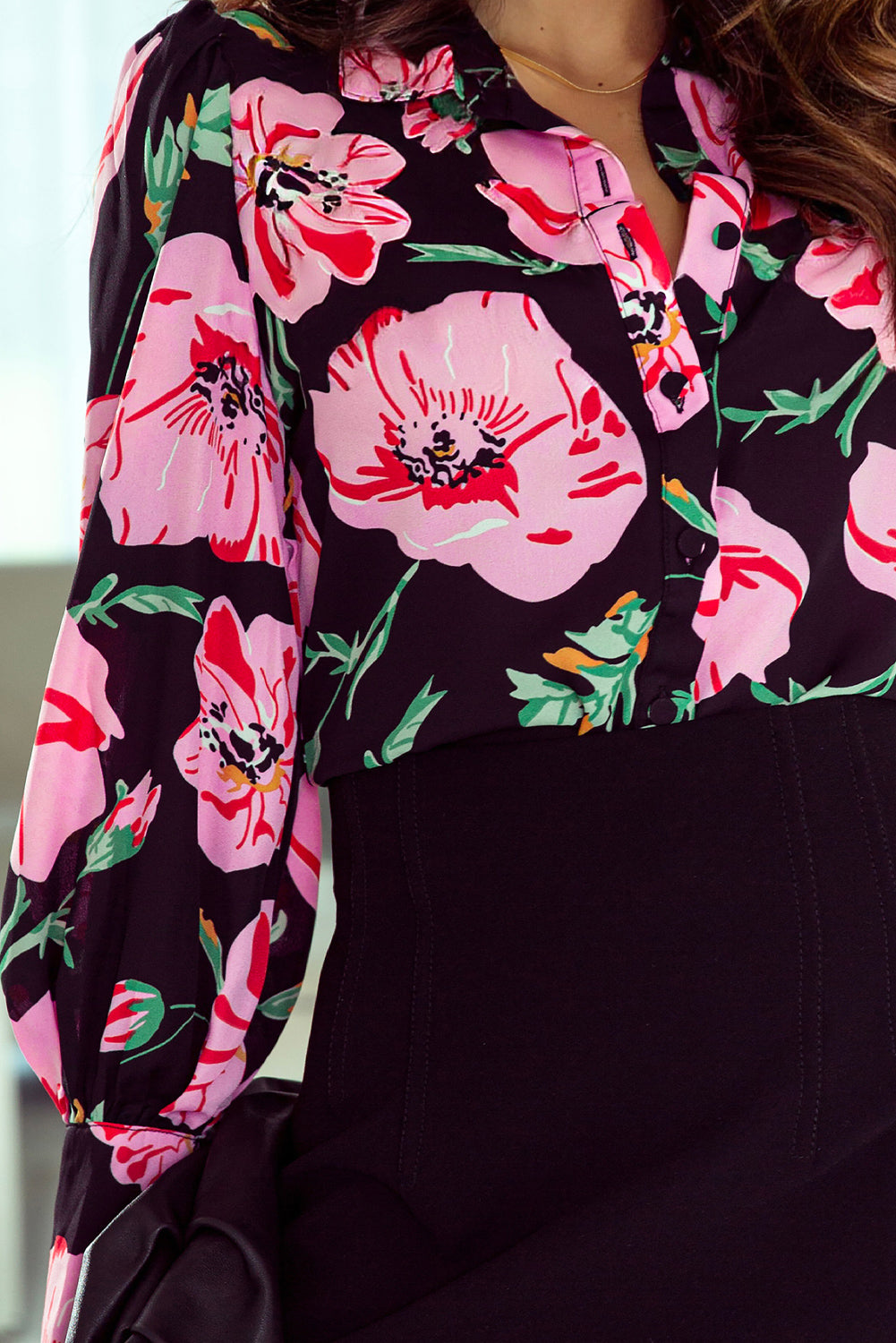 Fiery Red Floral Print Lantern Sleeve Shirt