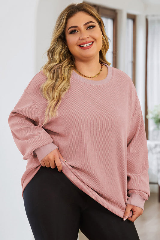 Black Plus Size Corded Round Neck Sweatshirt