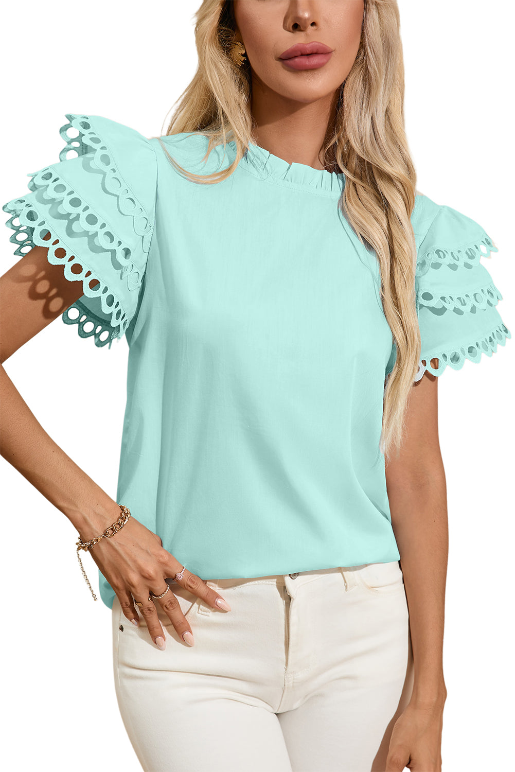 Beau Blue Layered Ric Rac Cap Sleeve Filled Neck Blouse