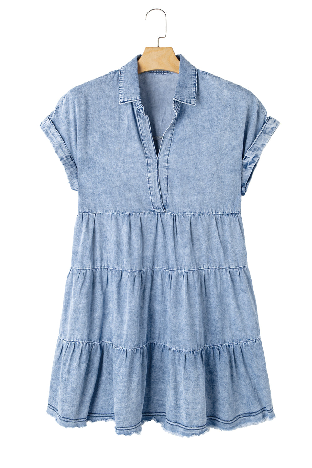 Sky Blue Acid Wash V Neck Tiered Denim Dress