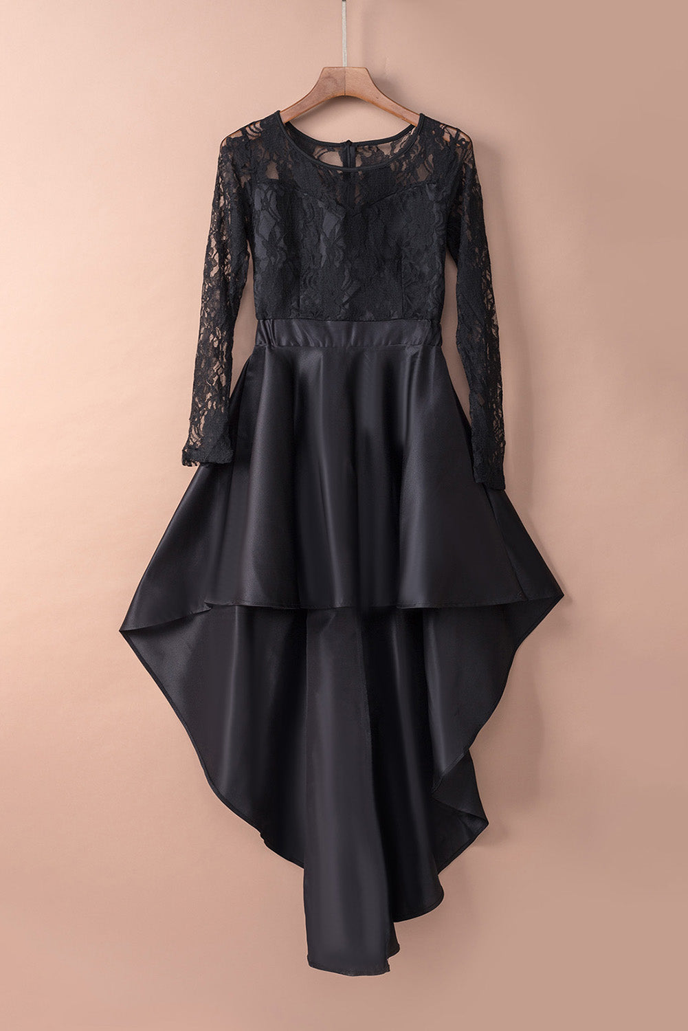 Black Long Sleeve Lace High Low Satin Dress