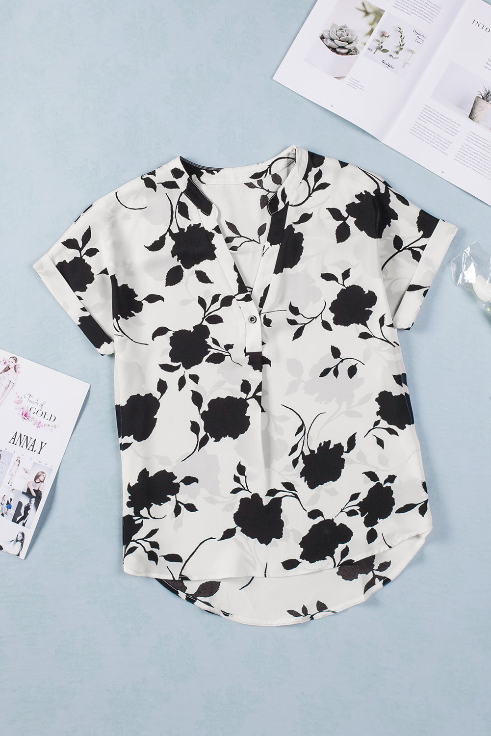 Black Floral Printed Short Sleeve Blouse