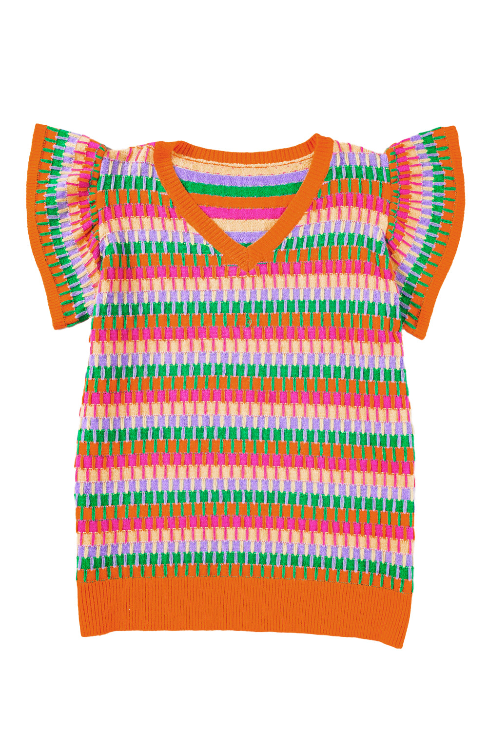 Green Multicolor Flutter Sleeve Knitted Sweater Top