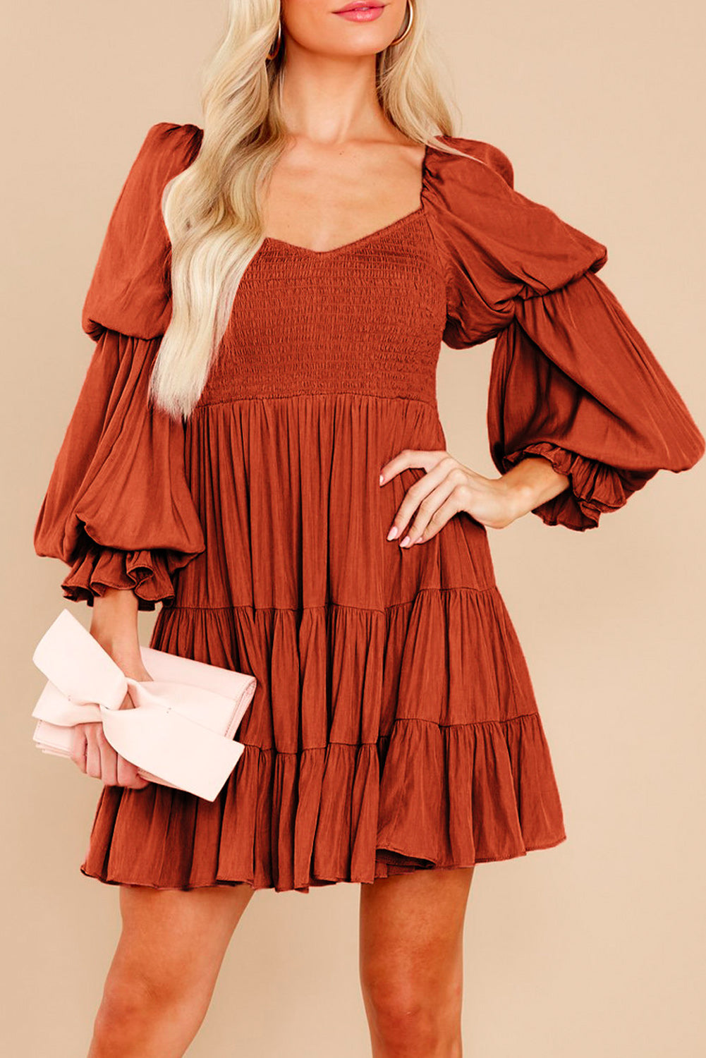 Brown Boho Solid Shirred Ruffle Mini Dress