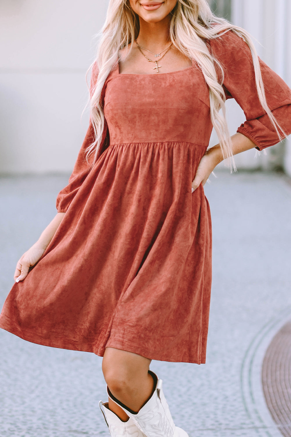 Suede Square Neck Puff Sleeve Dress