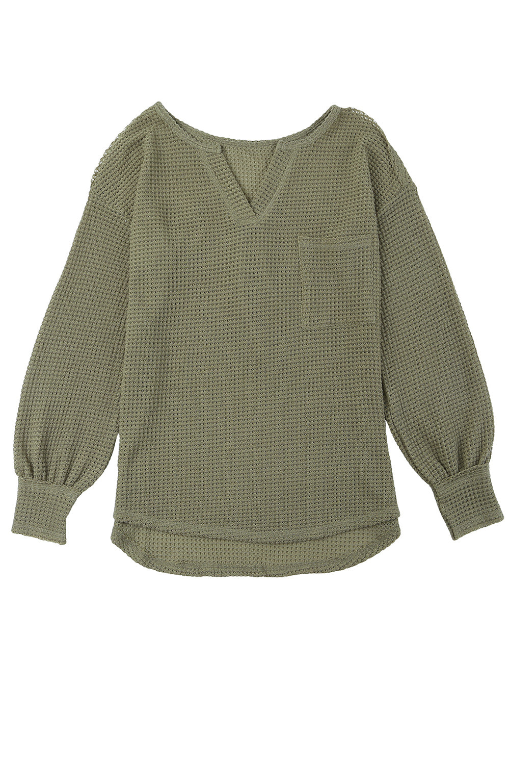 Beige Waffle Knit Split Neck Pocketed Loose Top