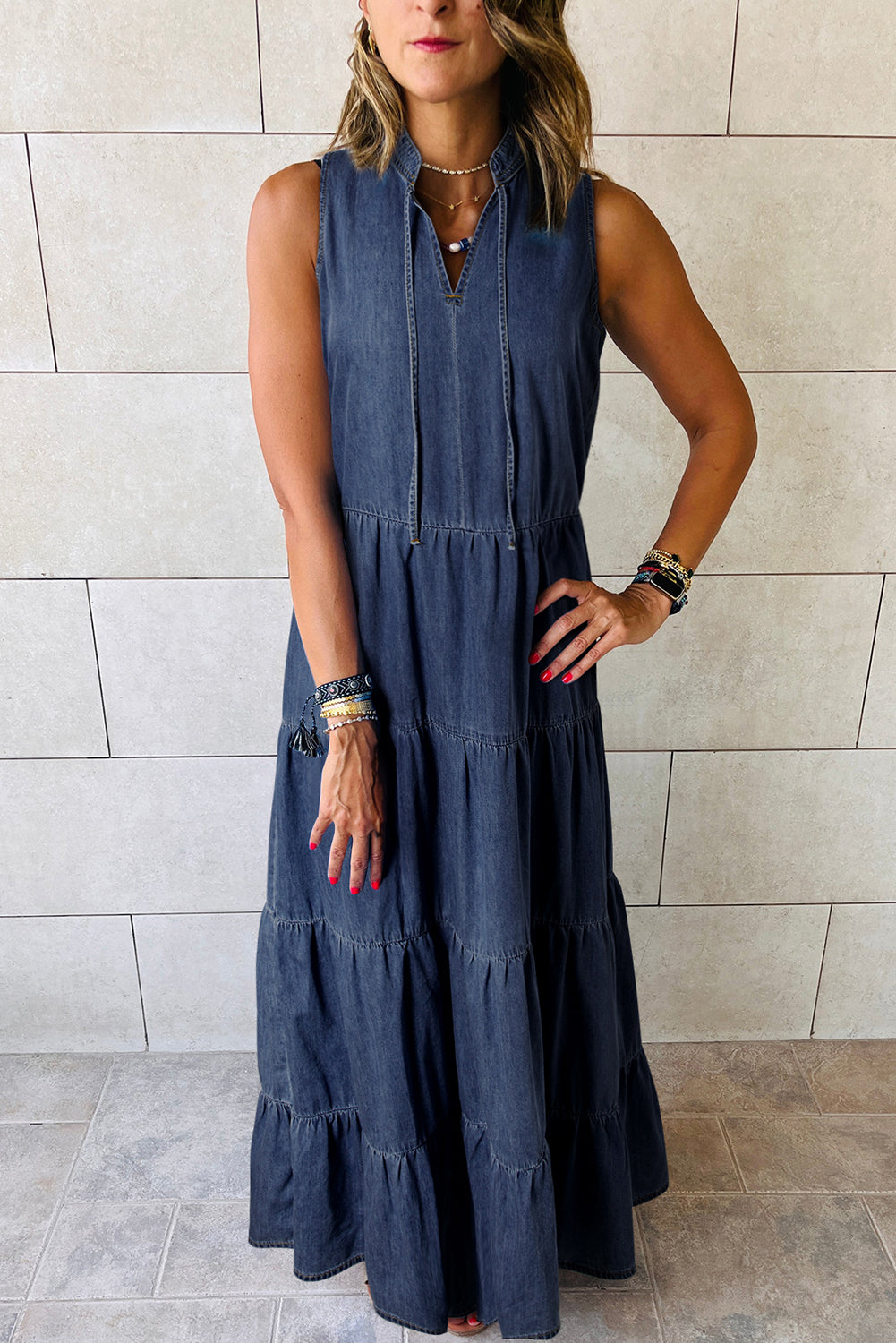 Blue Sleeveless Tiered Chambray Maxi Dress