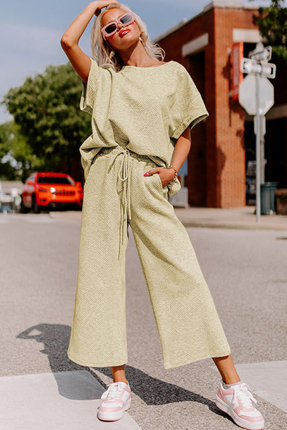 Gray Textured Loose Fit T Shirt and Drawstring Pants Set