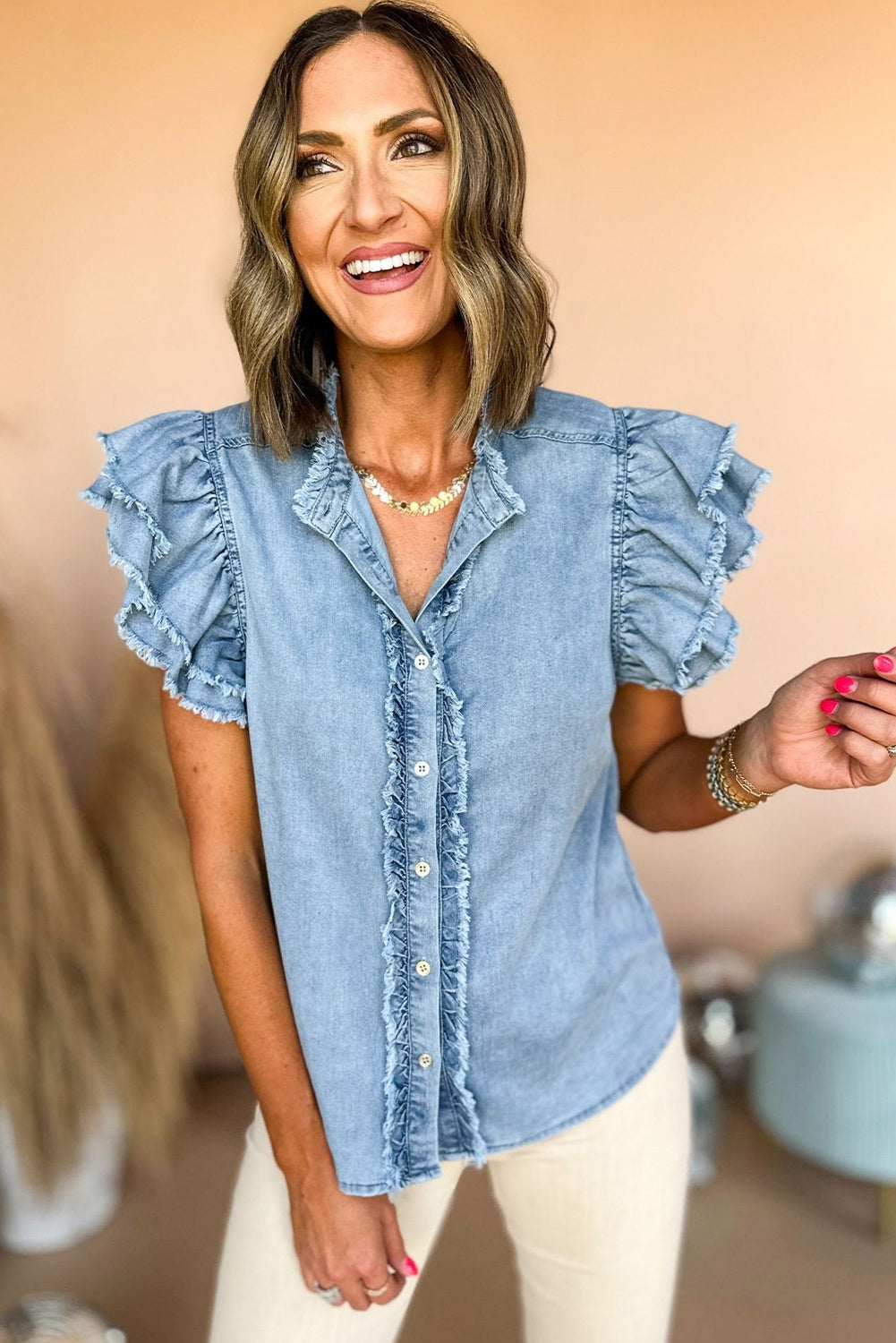 Ashleigh Blue Button Front Ruffled Flutter Frayed Denim Top