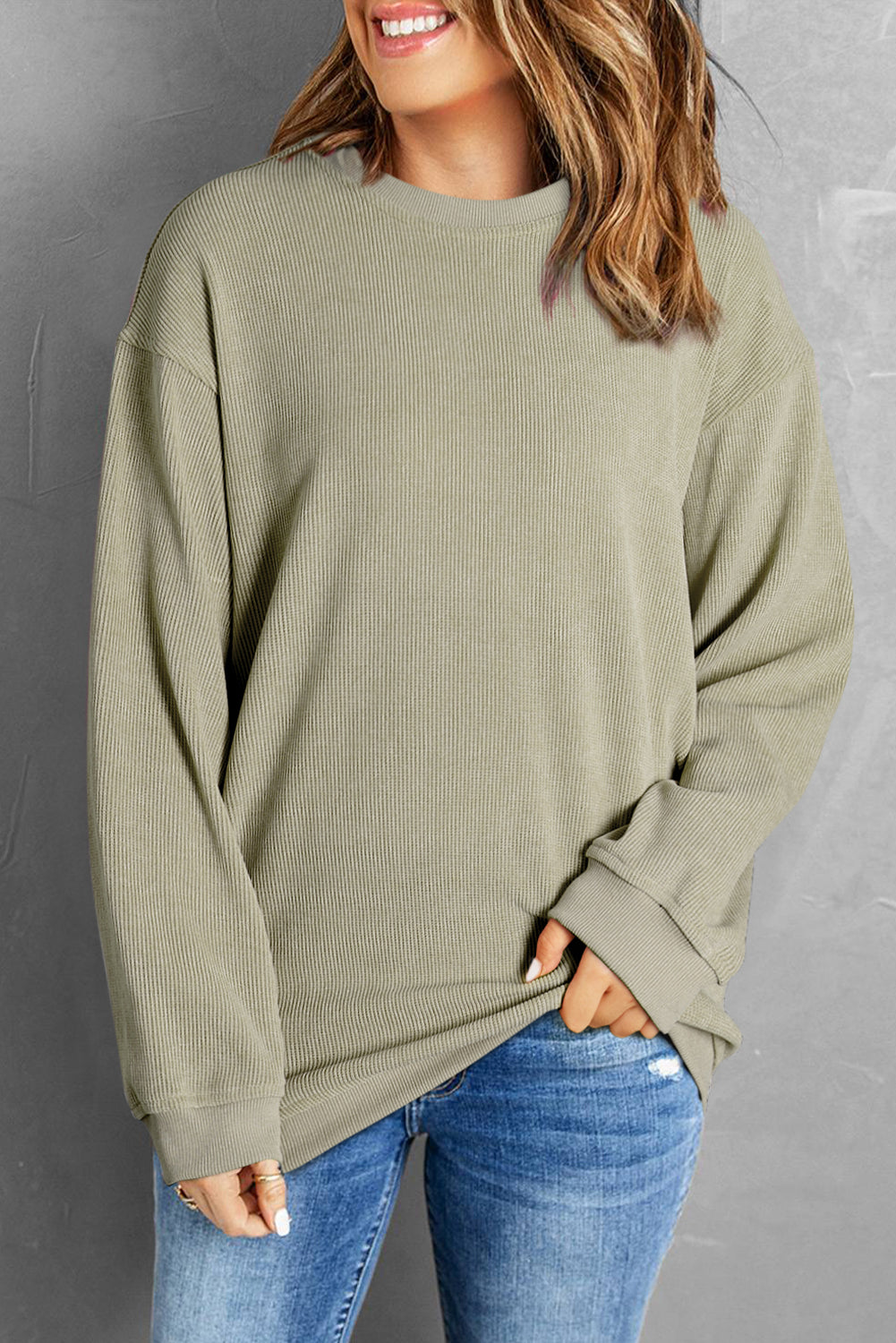 Pink Solid Ribbed Knit Round Neck Pullover Sweatshirt