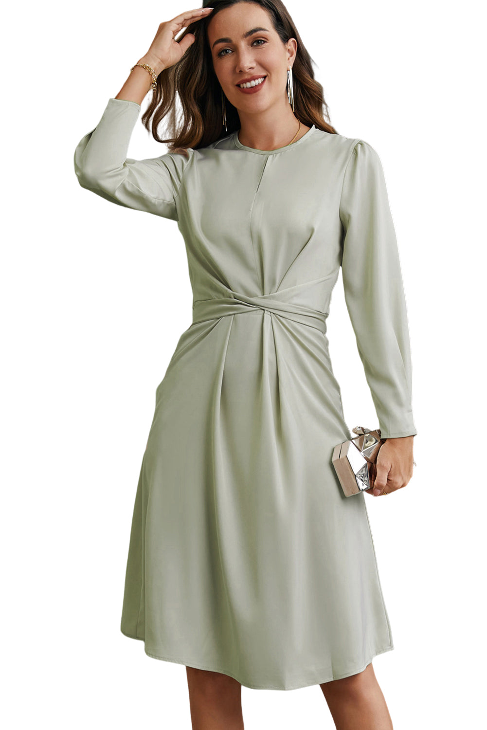 Apricot Twist Front Tie Back Long Sleeve Satin Dress