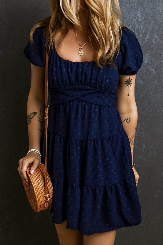 Navy Blue Swiss Dot Jacquard Puff Sleeve Crossover Tied Tiered Dress