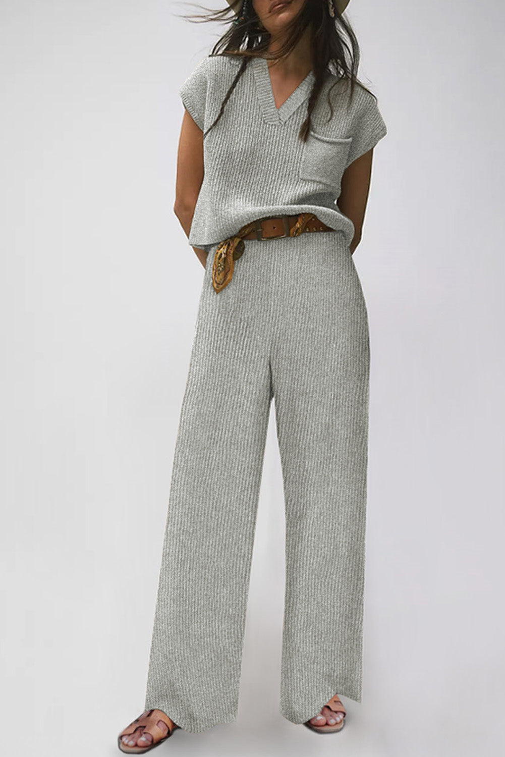 Sky Blue Knitted V Neck Sweater and Casual Pants Set