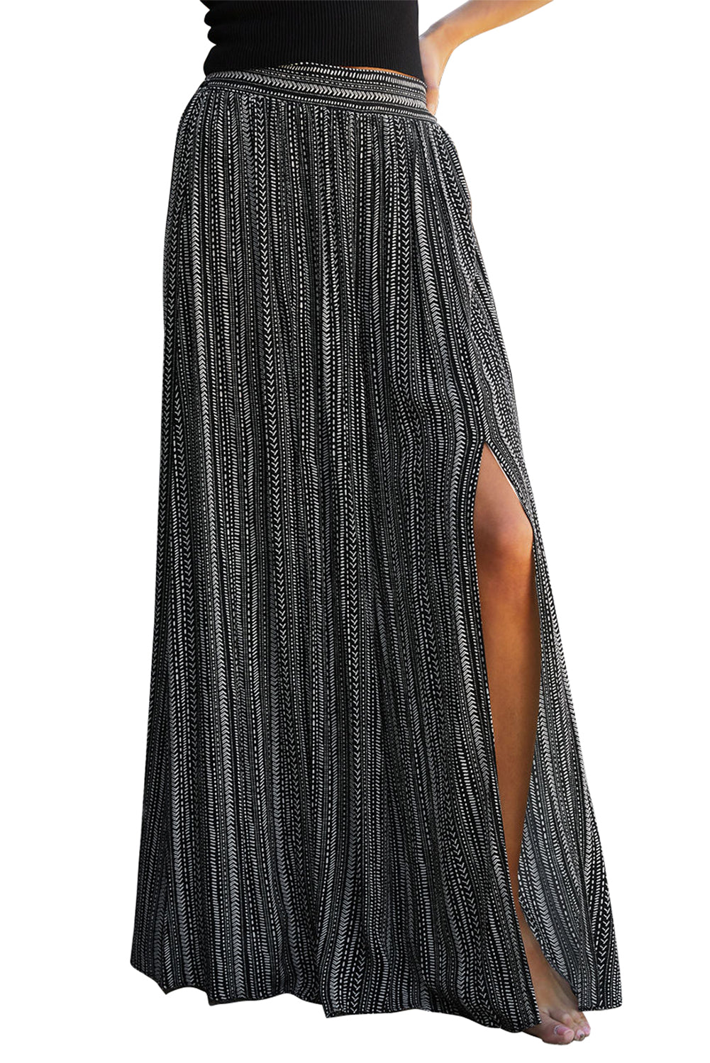 White Striped Printed Slit Wide Leg High Waist Pants