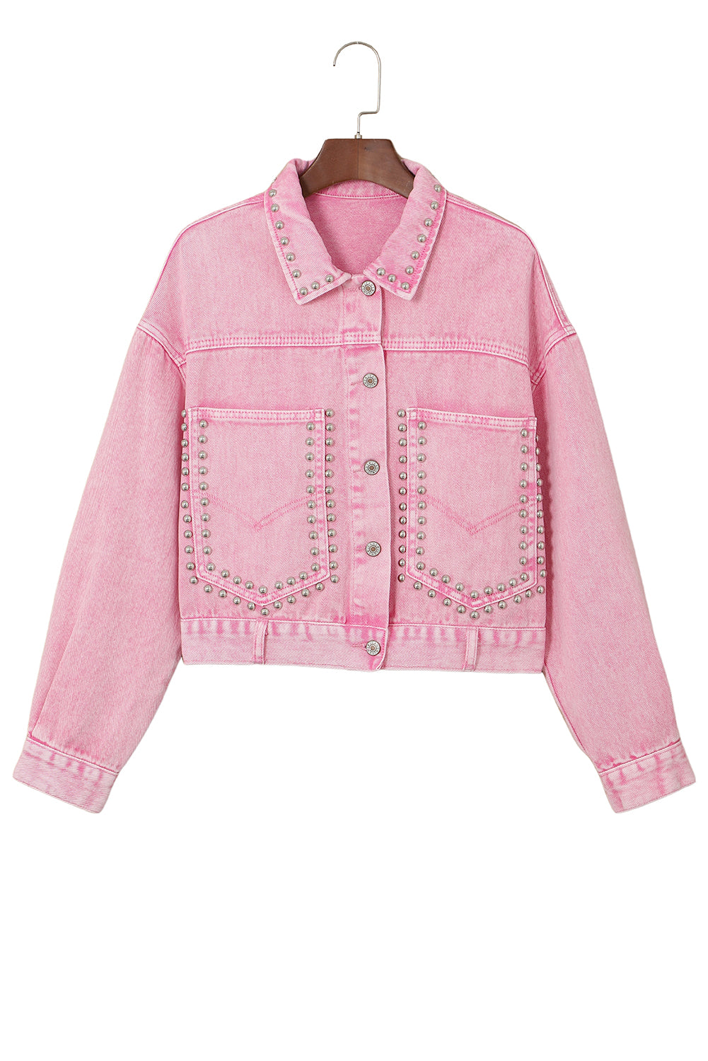 Light French Beige Rivet Studded Pocketed Denim Jacket
