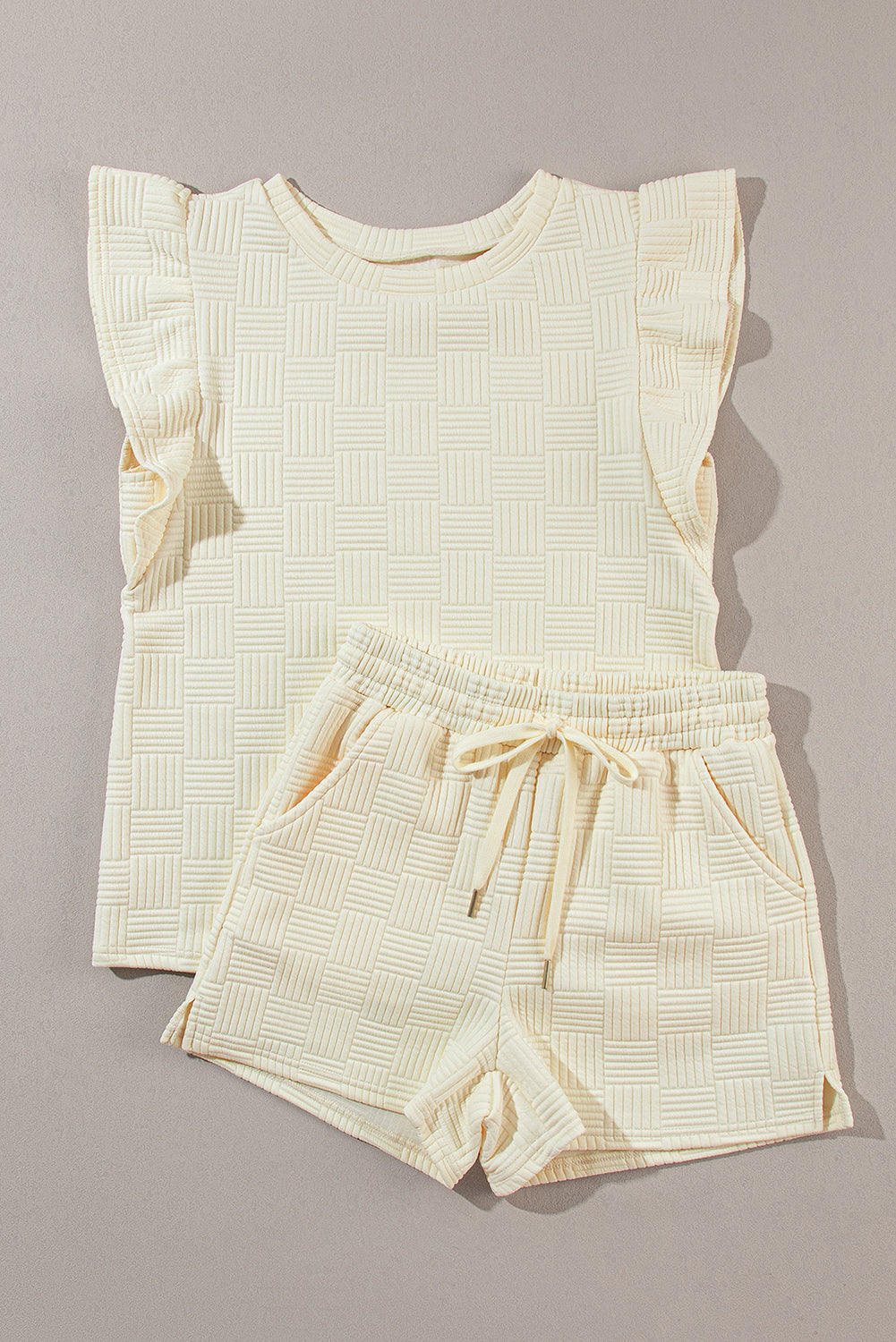 Bonbon Textured Ruffled Sleeve Tee and Drawstring Shorts Set