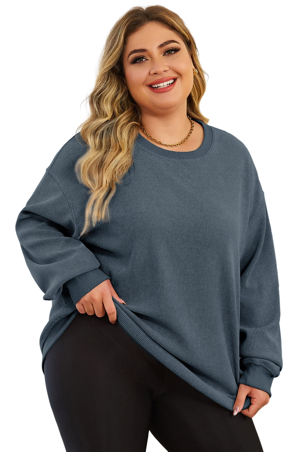 Black Plus Size Corded Round Neck Sweatshirt