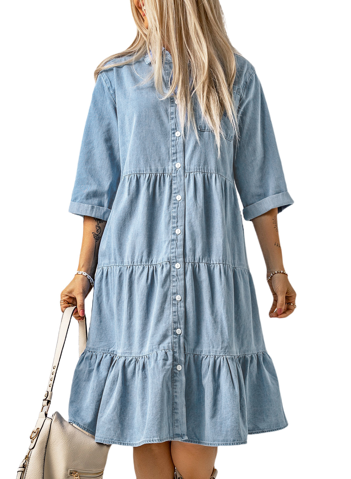 Sky Blue Ruffled Denim Full Buttoned Midi Dress