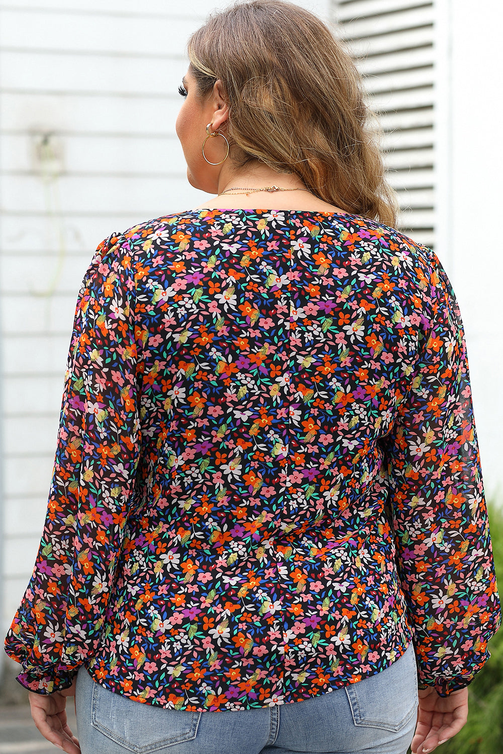 Black Plus Size V Neck Bubble Sleeve Floral Blouse