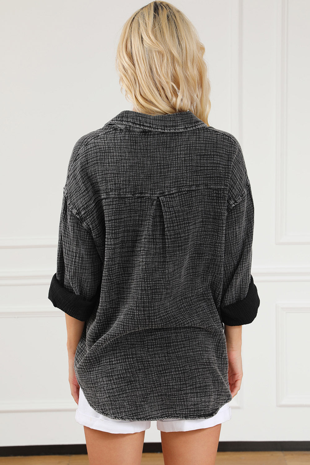 Pink Mineral Wash Crinkle Textured Chest Pockets Shirt