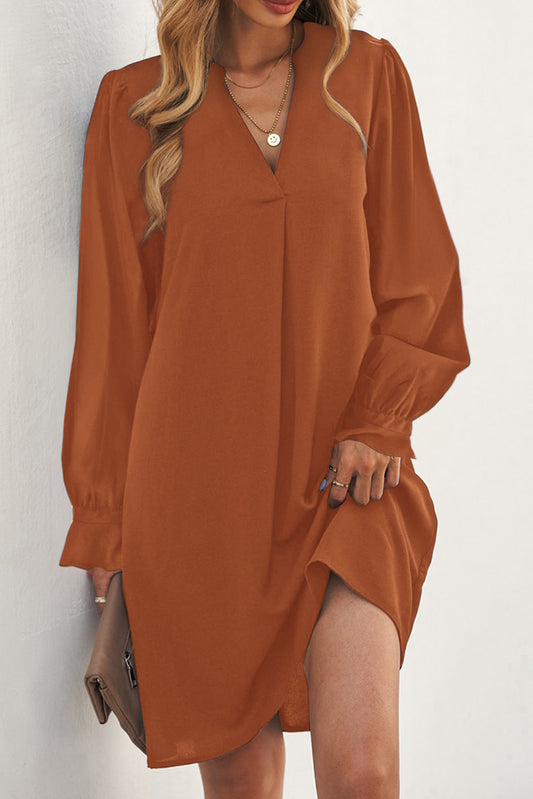 Green Split V Neck Ruffled Sleeves Shirt Dress