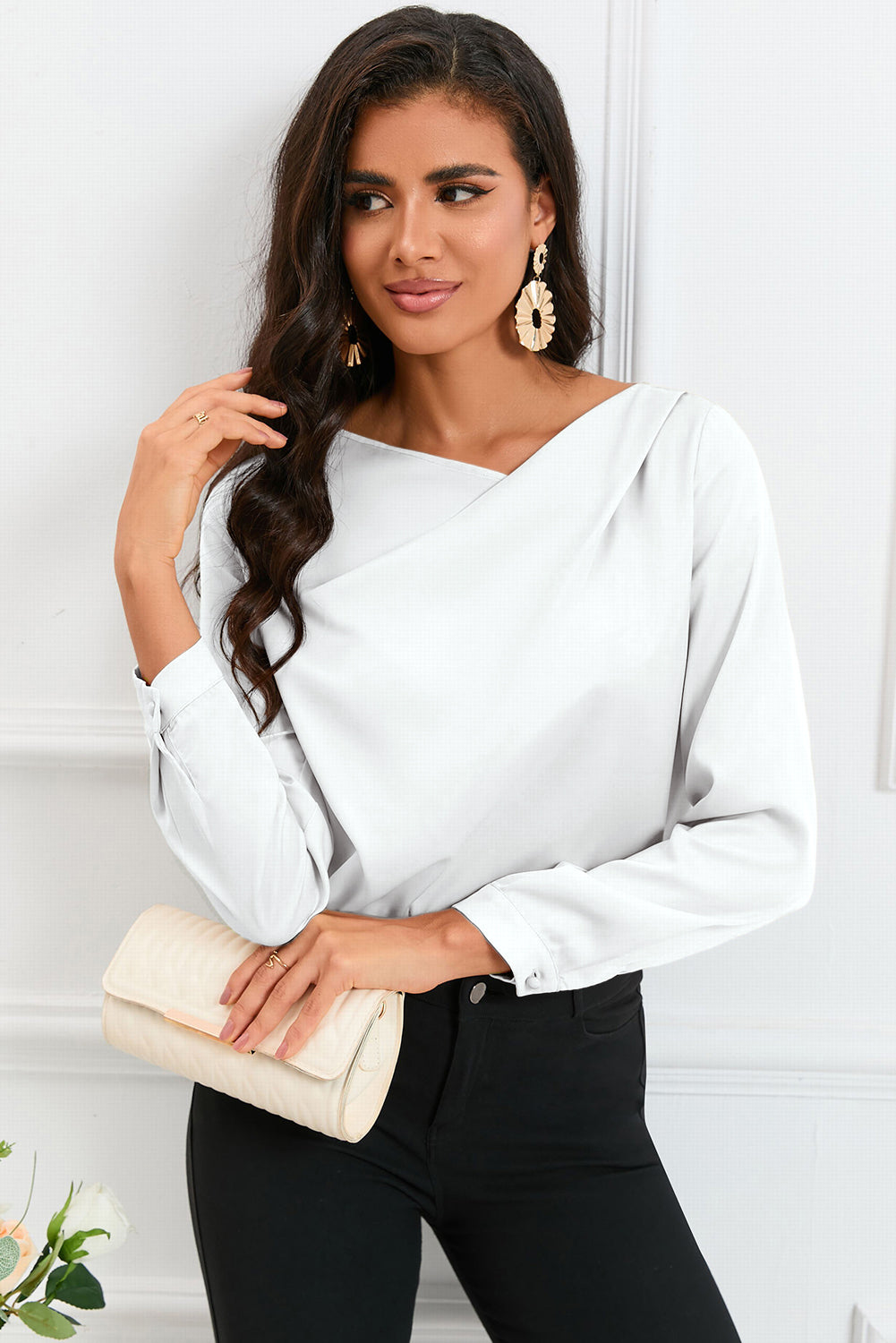 White Solid Asymmetric V Neck Long Sleeve Satin Blouse