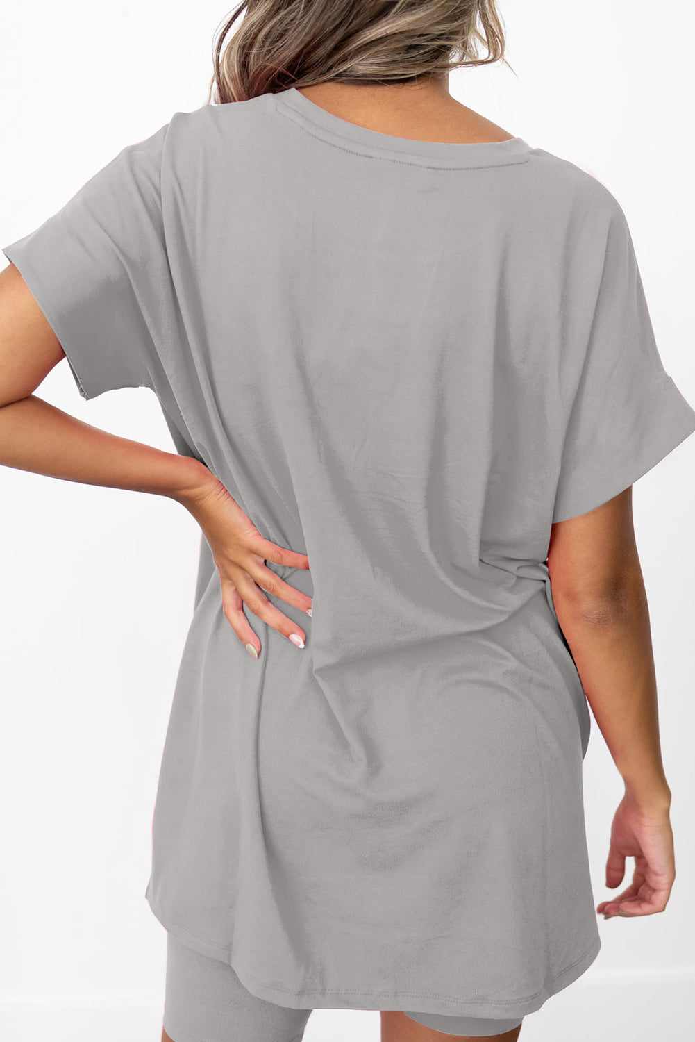 Gray Solid Split Hem Tunic Tee and Tight Shorts Set