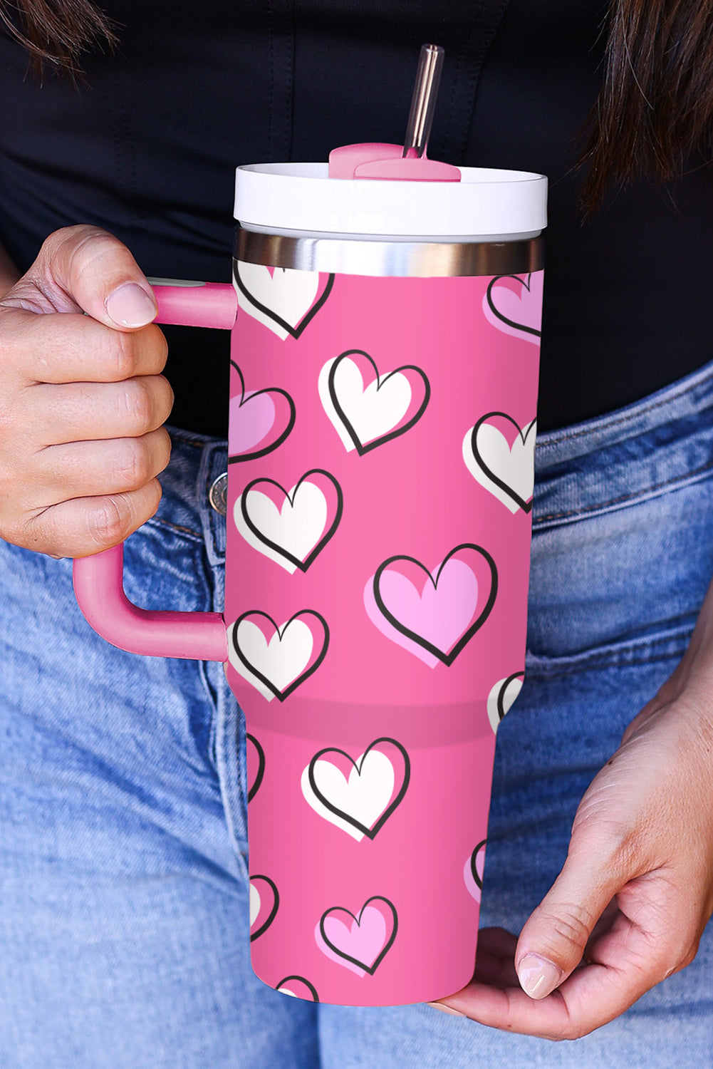 Rose Red Heart Printed Thermos Cup with Handle 40oz