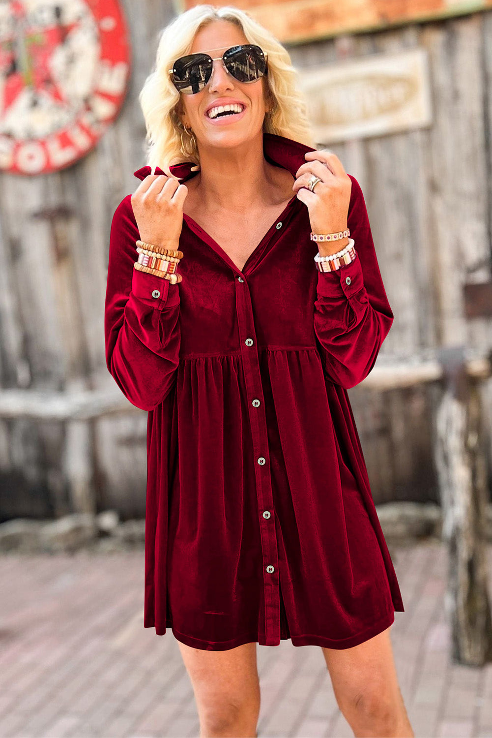 Black Long Sleeve Ruffle Velvet Button Up Dress