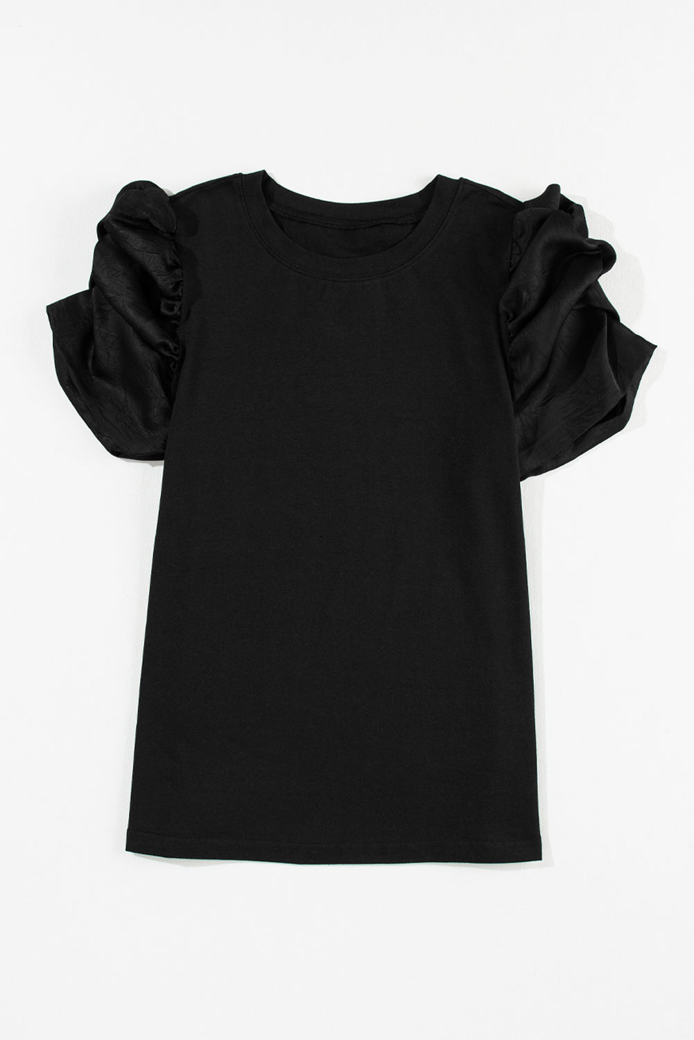 White Ruched Puff Sleeve Crew Neck Tee