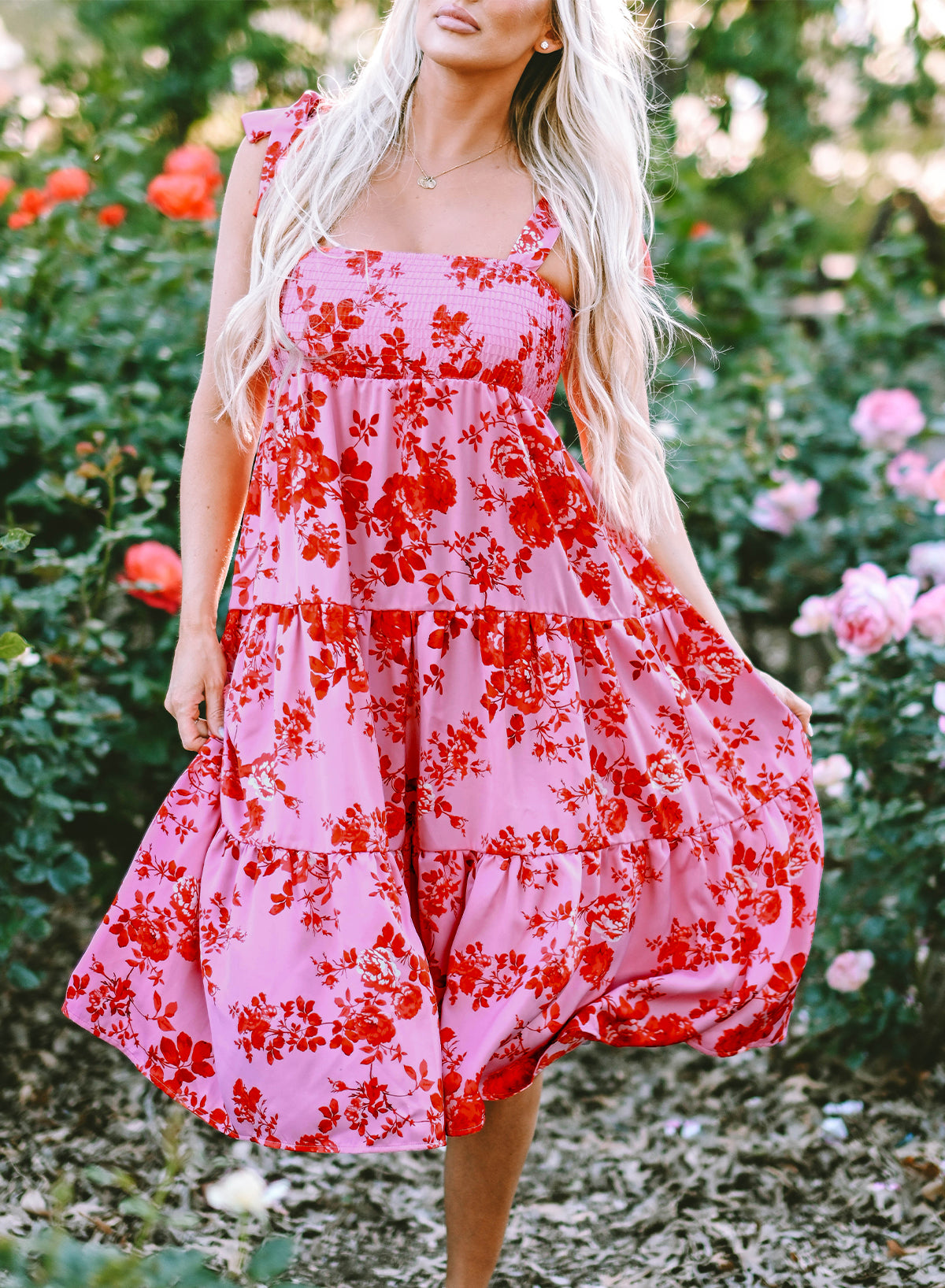 Blue Tie Shoulder Straps Tiered Floral Dress