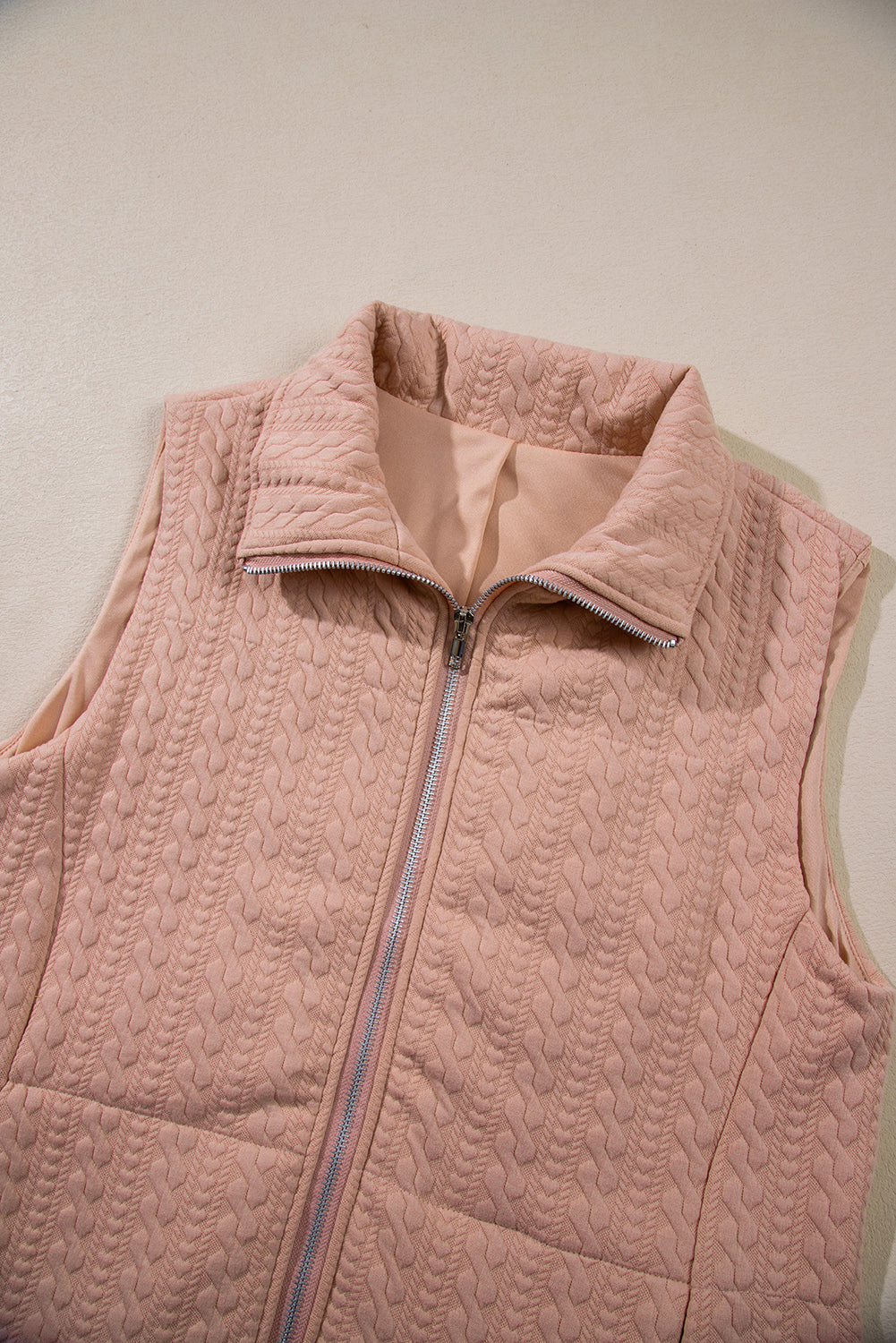 Pale Chestnut Cable Textured Zip Up Vest Jacket