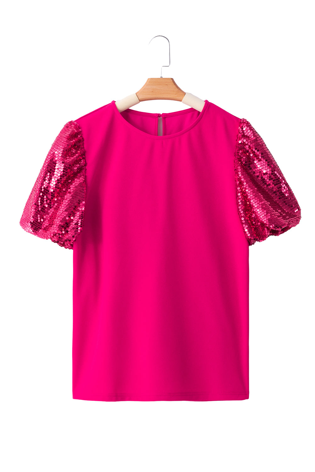 Rose Red Contrast Sequin Puff Sleeve T Shirt