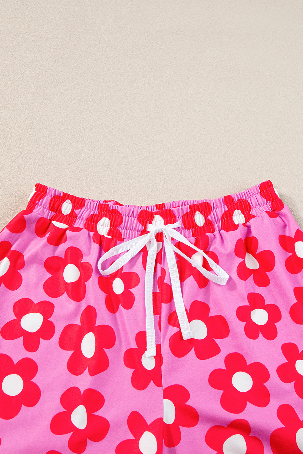 Pink Flower Print Short Sleeve Shirt Pajamas Set