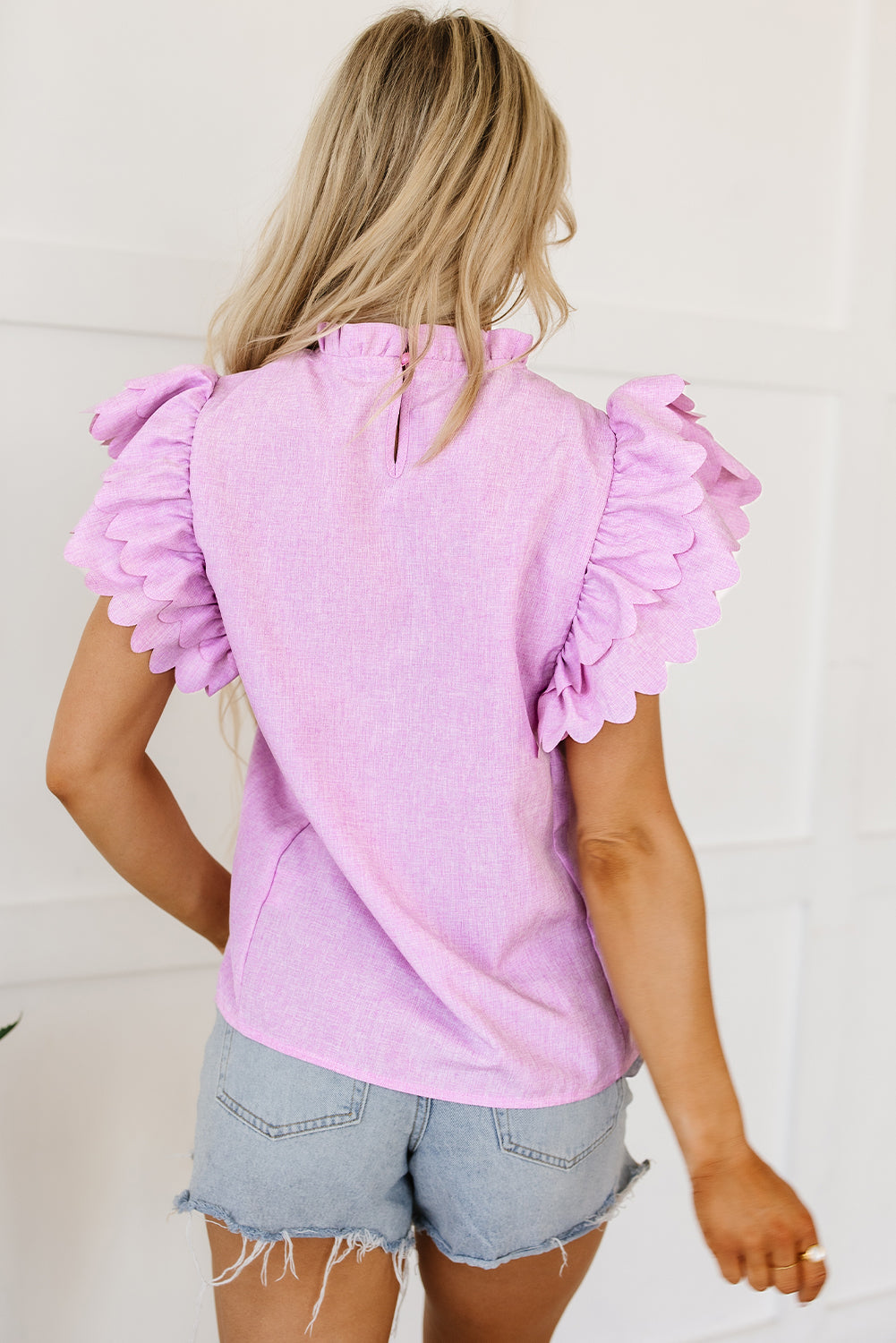 White Solid Color Scalloped Ruffle Sleeve Top