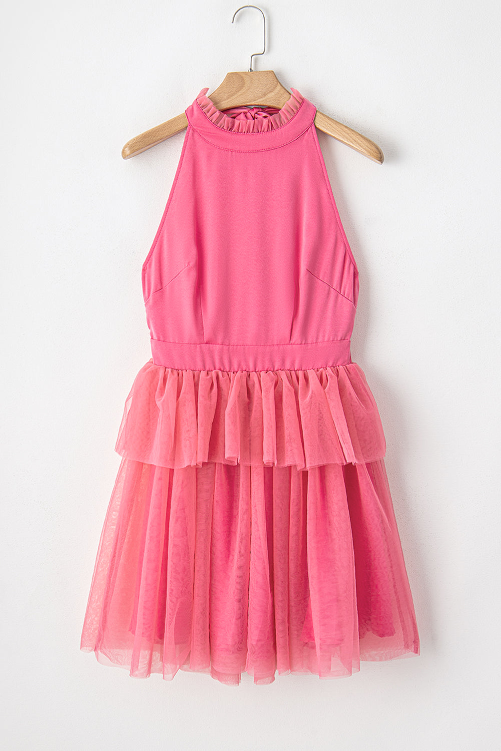 Strawberry Pink Gauze Ruffle Tiered Knotted Halter Dress