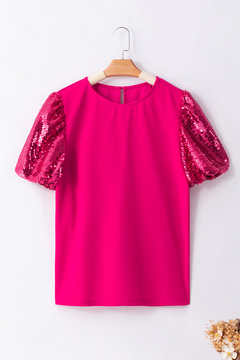 Rose Red Contrast Sequin Puff Sleeve T Shirt