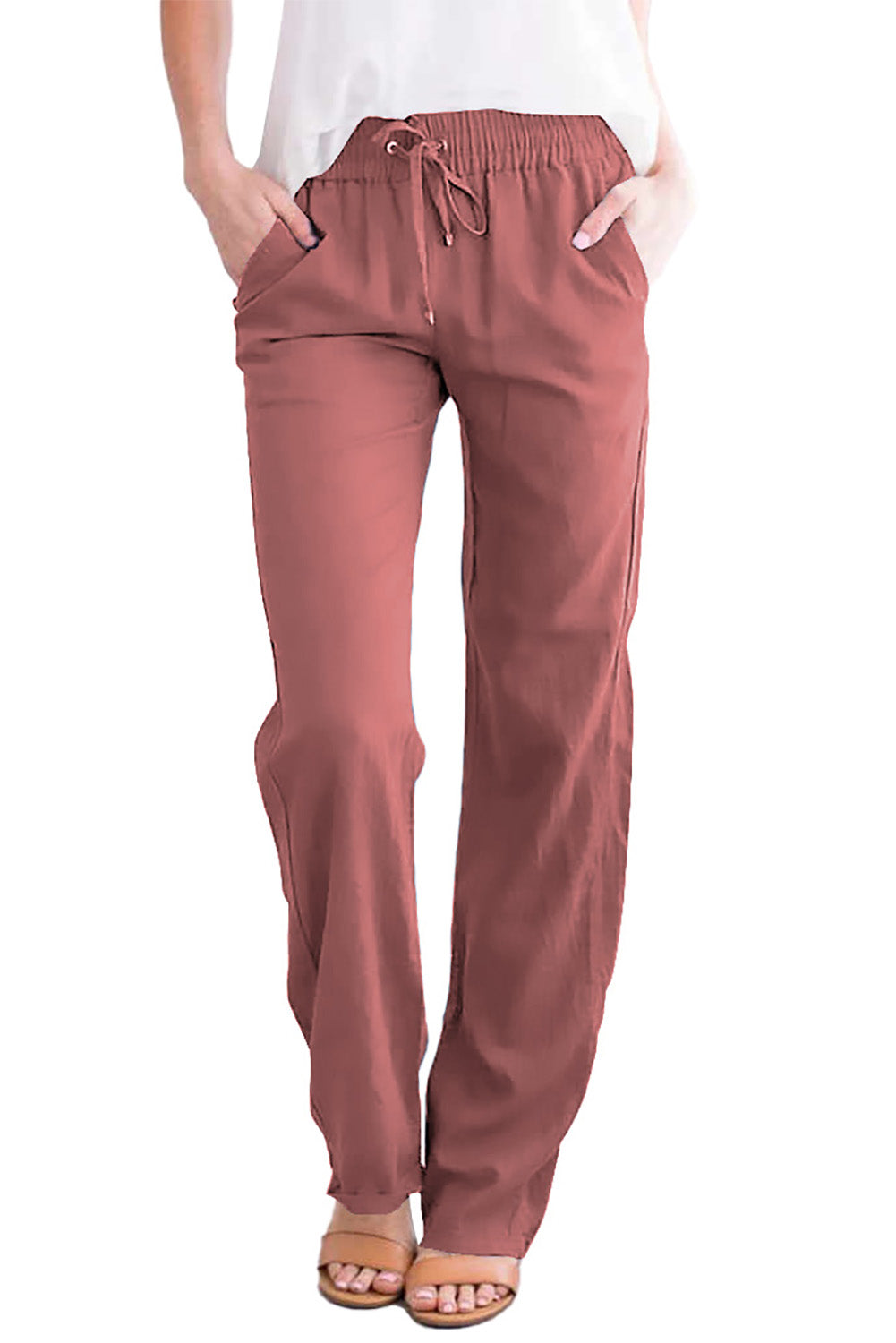 Pink Drawstring Elastic Waist Pockets Long Straight Legs Pants