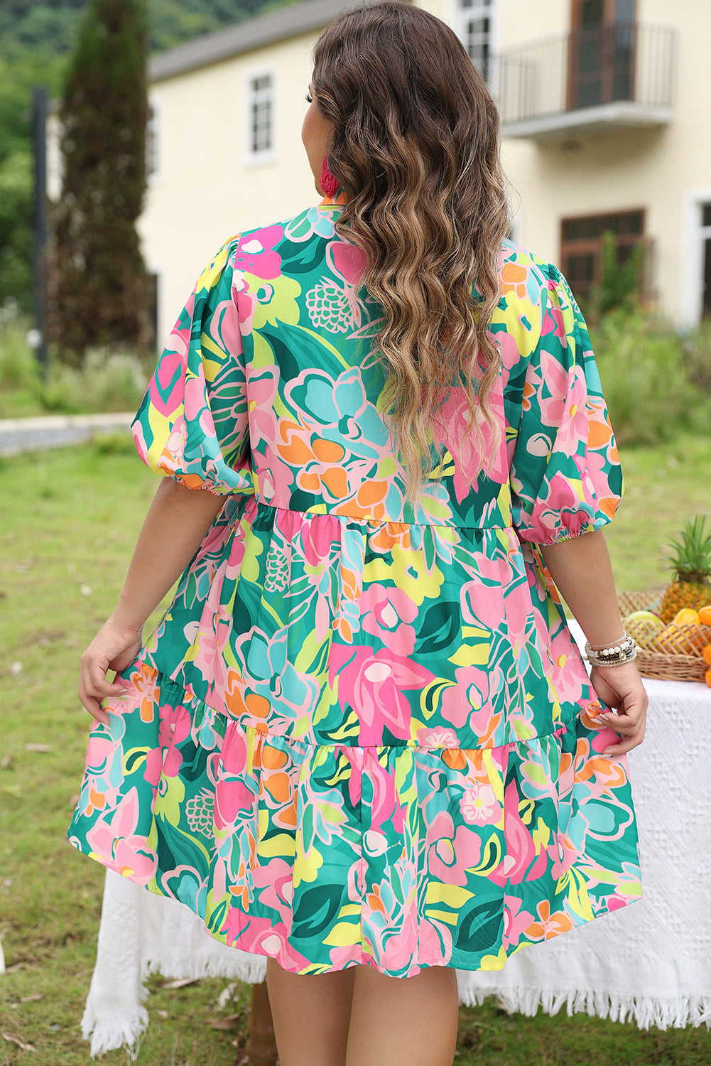 Green Plus Floral Print Puff Sleeve Tiered Shirt Dress