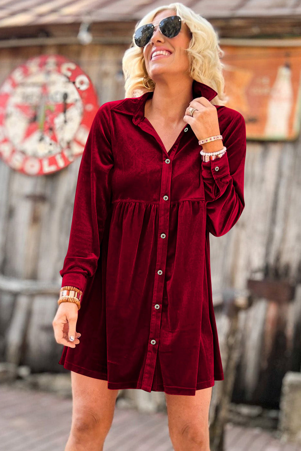 Black Long Sleeve Ruffle Velvet Button Up Dress