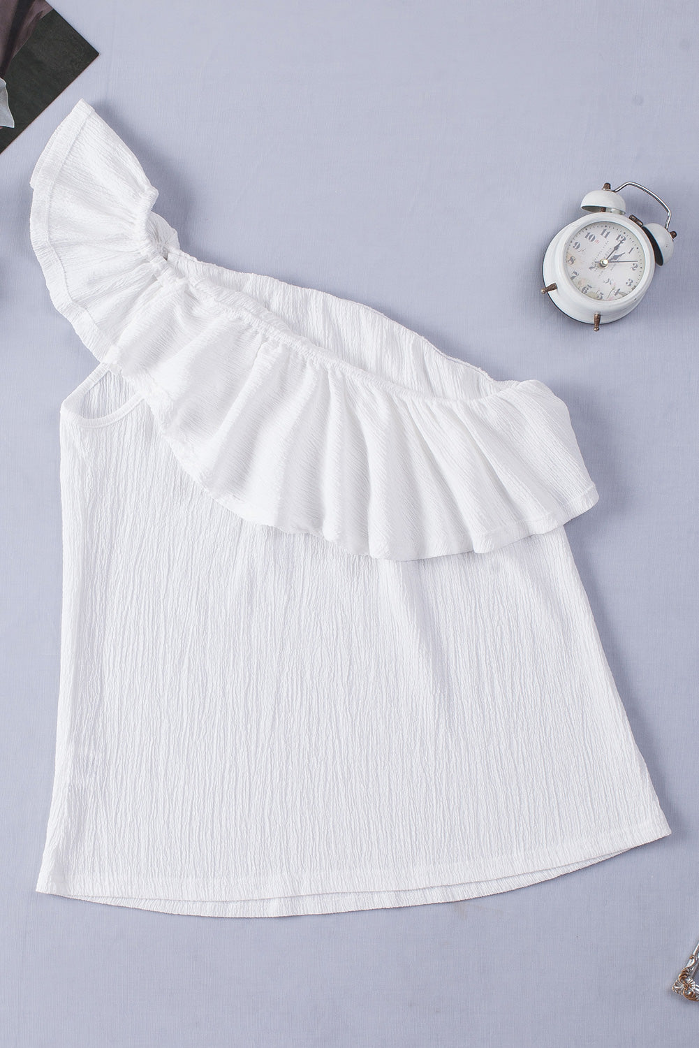 Sky Blue Ruffle One Shoulder Crinkle Tank