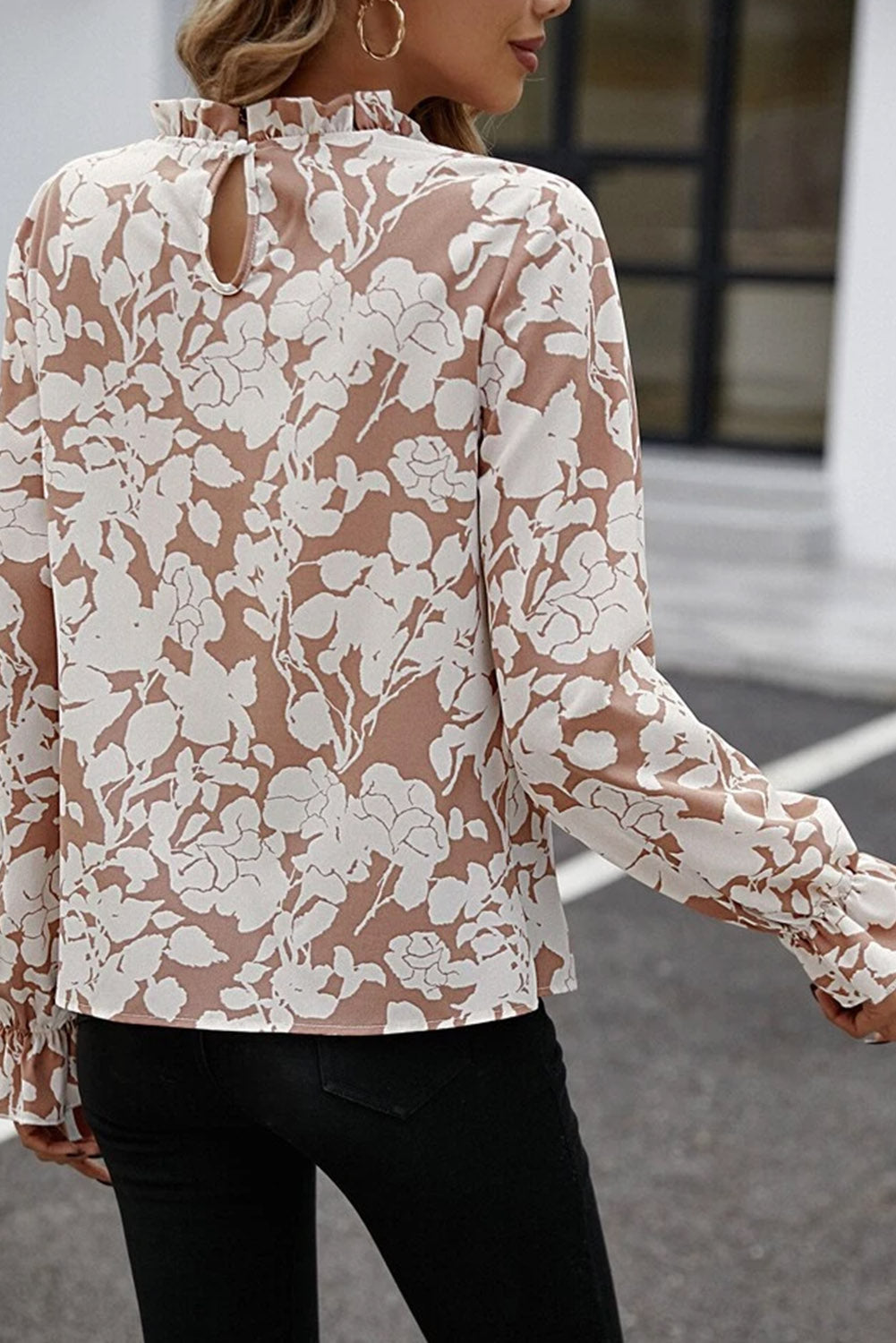 White Floral Print Frilled Neckline Flounce Sleeve Blouse