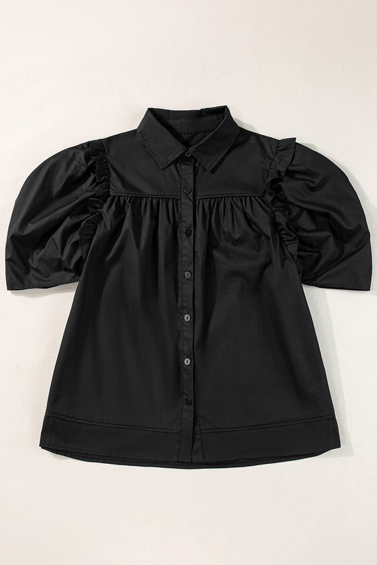 Black Crisp Puff Sleeve Loose Shirt